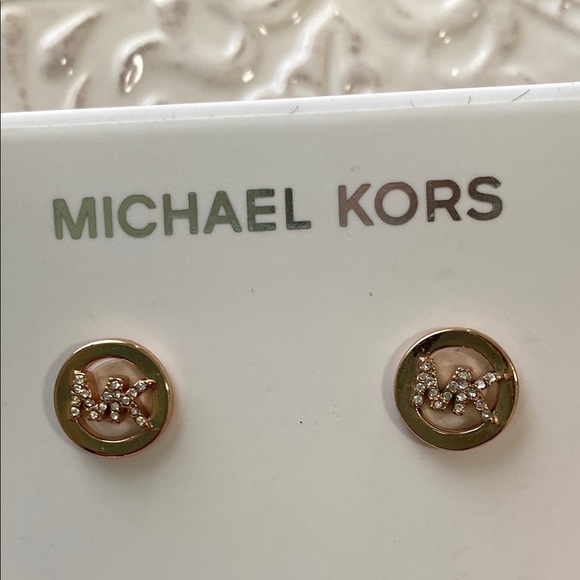 Michael Kors Rose Gold Engraved Studs Circle Earrings Classic Simple Elegant - Picture 6 of 11